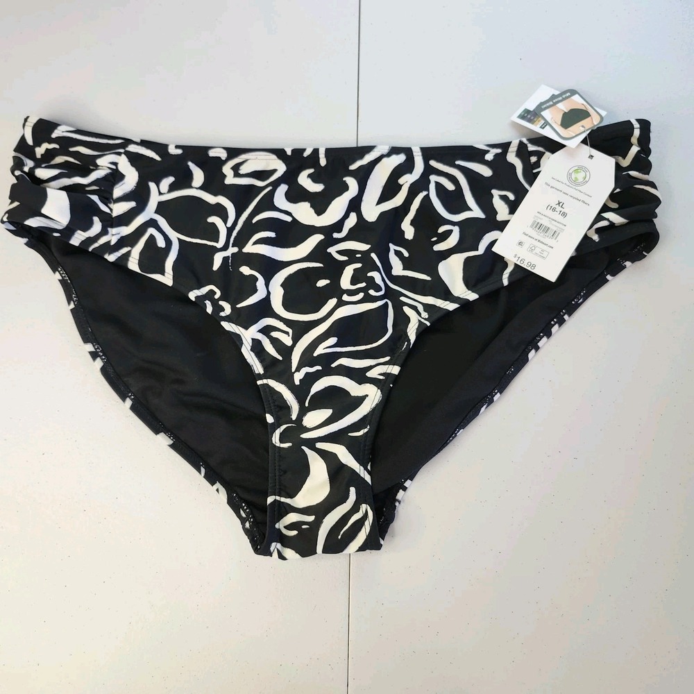 Time and Tru XL 16-18 One Shoulder Bikini Bottoms NWT Black White Floral Swim...